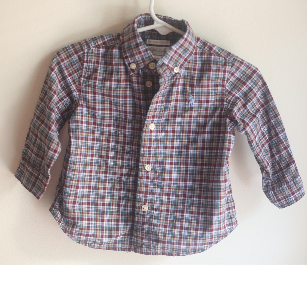 Polo Ralph Lauren Infant Boys 9M Plaid Button Down Shirt Natural Stretch Multi